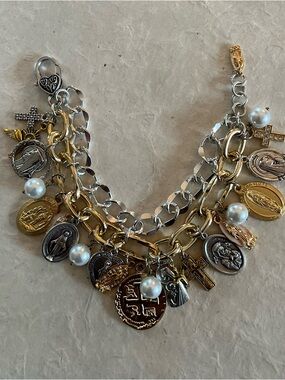 Catholic Saints and Crosses Charm Bracelet, Silver and Gold Tone Medals